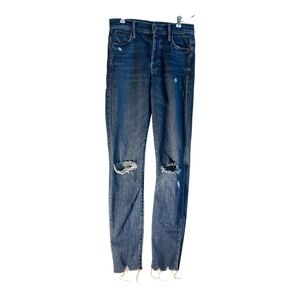 MOTHER The Stunner Chew Skinny Jeans | Distressed Classic Blue Denim | Size 25